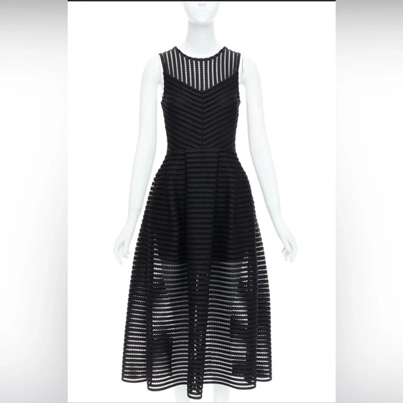 MAJE black sheer striped panelled crew fit flare midi dress Sz small - Picture 1 of 4